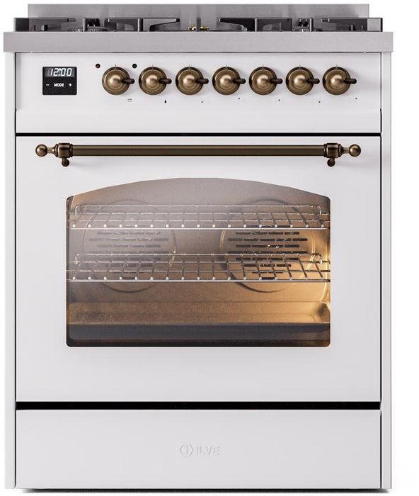 ILVE Nostalgie II 30" Dual Fuel Propane Gas Range in White with Bronze Trim, UP30NMPWHBLP