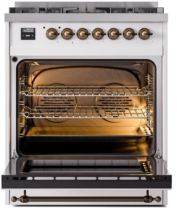 ILVE Nostalgie II 30" Dual Fuel Propane Gas Range in White with Bronze Trim, UP30NMPWHBLP