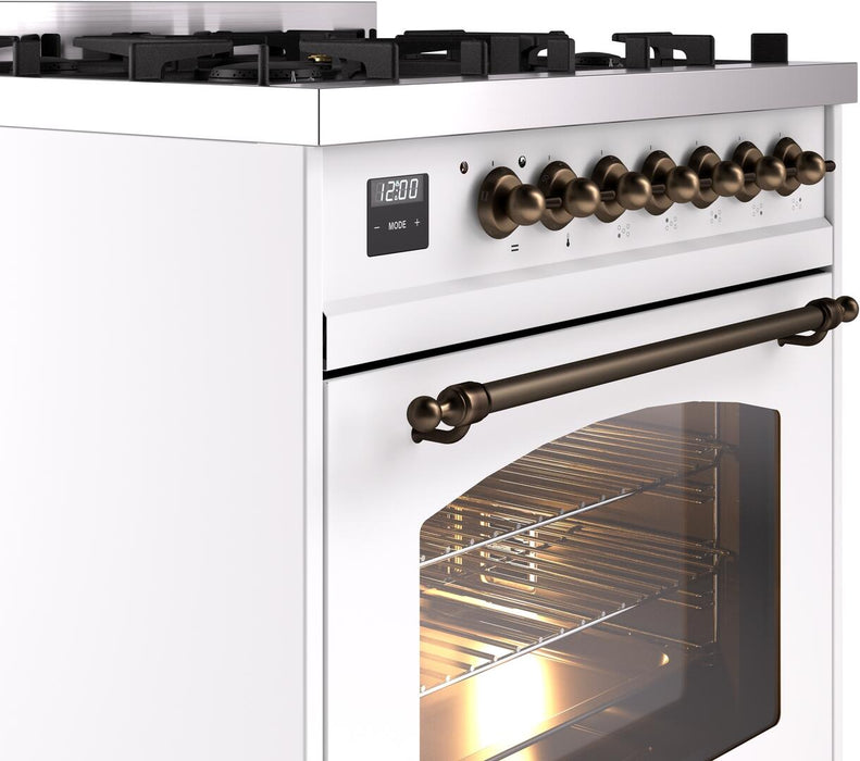 ILVE Nostalgie II 30" Dual Fuel Propane Gas Range in White with Bronze Trim, UP30NMPWHBLP