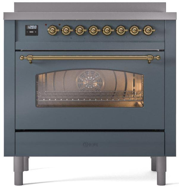 ILVE Nostalgie II 36" Induction Range with Element Stove and Electric Oven in Blue Grey with Brass Trim, UPI366NMPBGG