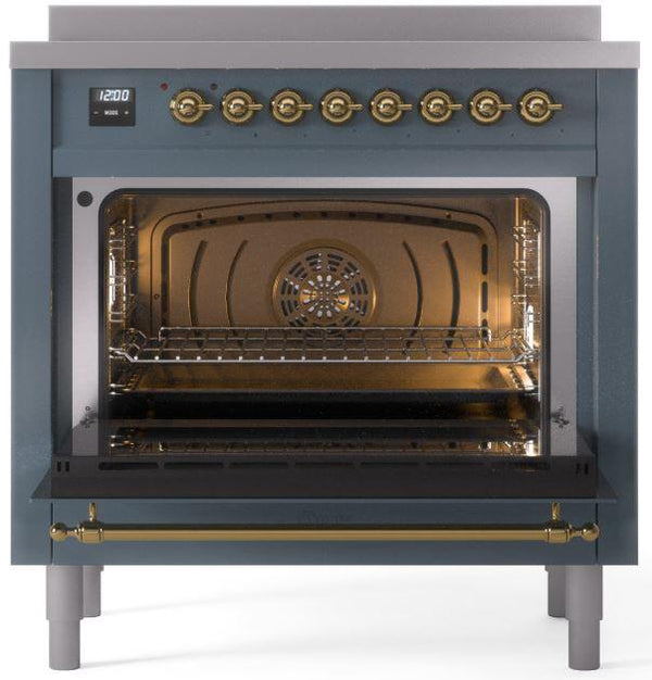 ILVE Nostalgie II 36" Induction Range with Element Stove and Electric Oven in Blue Grey with Brass Trim, UPI366NMPBGG