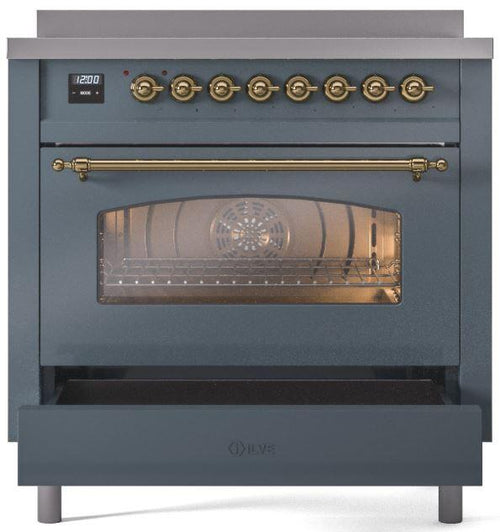 ILVE Nostalgie II 36" Induction Range with Element Stove and Electric Oven in Blue Grey with Brass Trim, UPI366NMPBGG