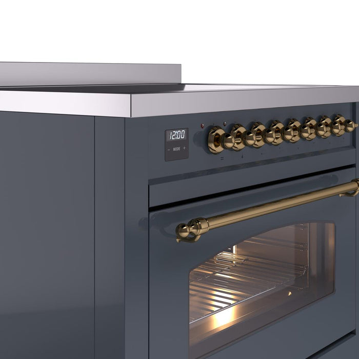 ILVE Nostalgie II 36" Induction Range with Element Stove and Electric Oven in Blue Grey with Brass Trim, UPI366NMPBGG