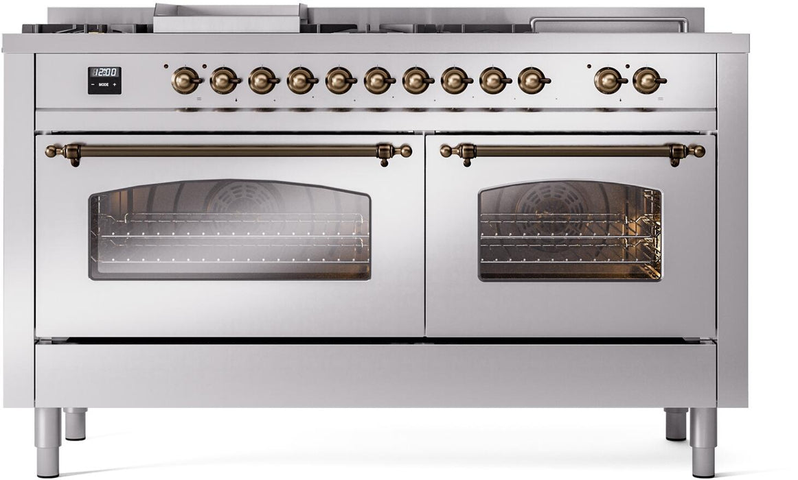 ILVE Nostalgie II 60" Dual Fuel Natural Gas Range in Stainless Steel with Bronze Trim, UP60FSNMPSSB