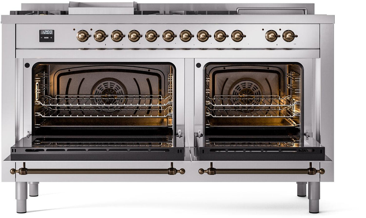 ILVE Nostalgie II 60" Dual Fuel Natural Gas Range in Stainless Steel with Bronze Trim, UP60FSNMPSSB