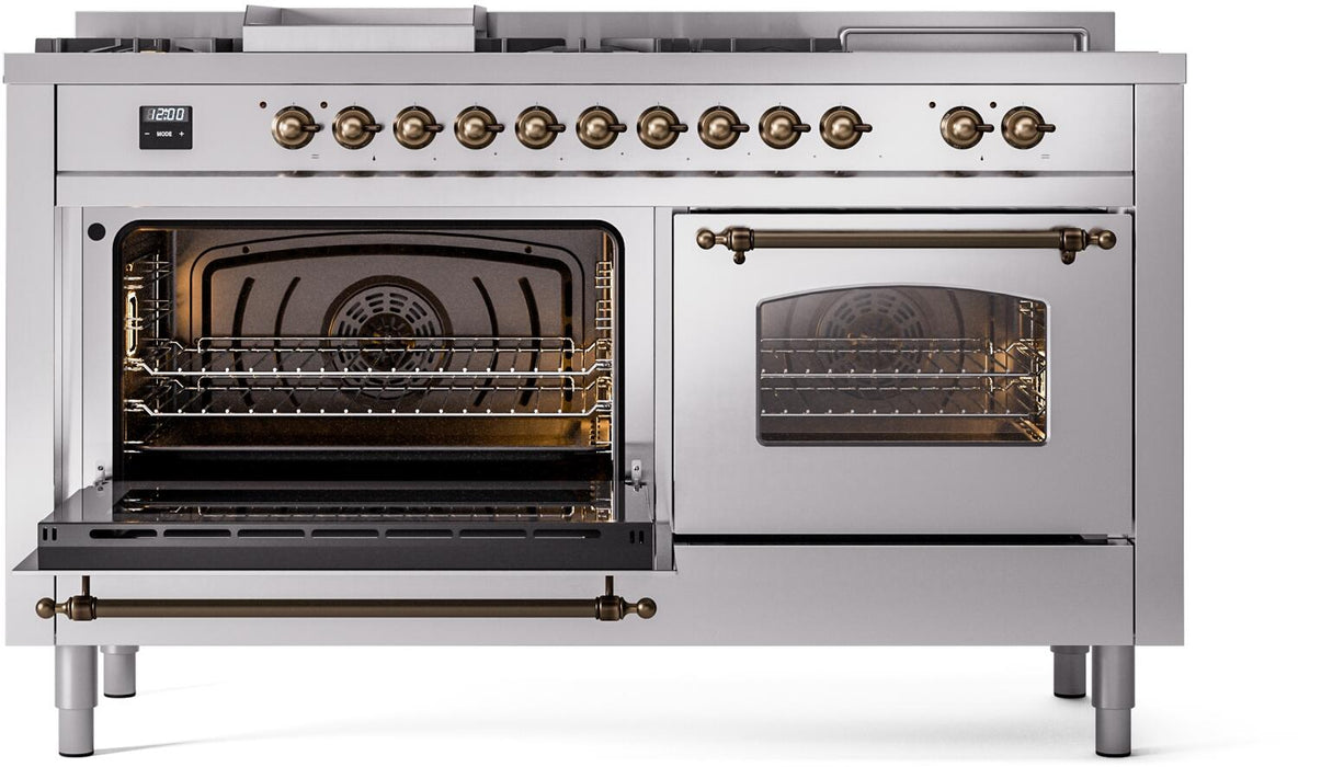 ILVE Nostalgie II 60" Dual Fuel Natural Gas Range in Stainless Steel with Bronze Trim, UP60FSNMPSSB