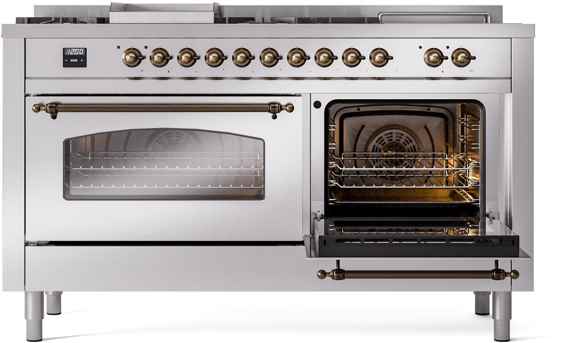 ILVE Nostalgie II 60" Dual Fuel Natural Gas Range in Stainless Steel with Bronze Trim, UP60FSNMPSSB