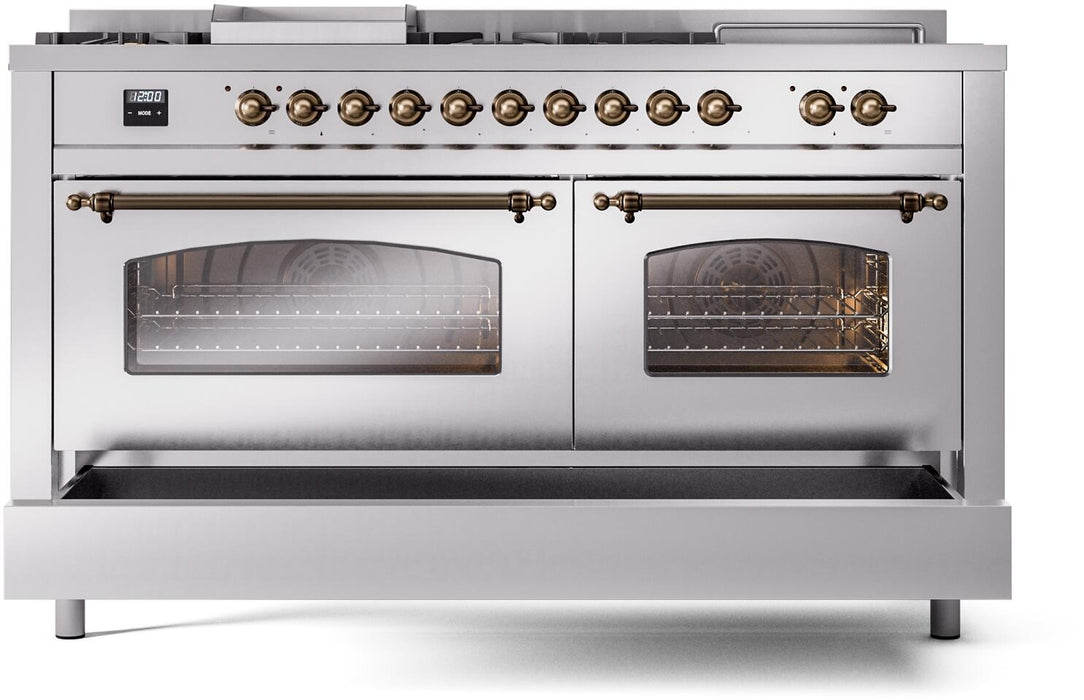 ILVE Nostalgie II 60" Dual Fuel Natural Gas Range in Stainless Steel with Bronze Trim, UP60FSNMPSSB