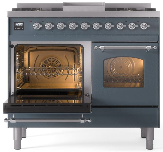 ILVE Nostalgie II 40" Dual Fuel Propane Gas Range in Blue Grey with Chrome Trim, UPD40FNMPBGCLP