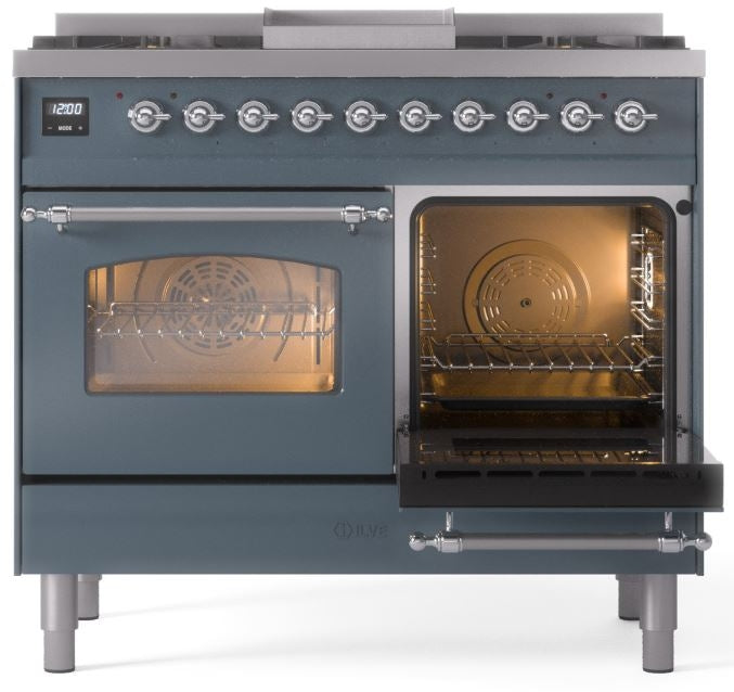 ILVE Nostalgie II 40" Dual Fuel Propane Gas Range in Blue Grey with Chrome Trim, UPD40FNMPBGCLP