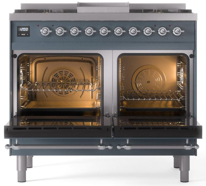 ILVE Nostalgie II 40" Dual Fuel Propane Gas Range in Blue Grey with Chrome Trim, UPD40FNMPBGCLP