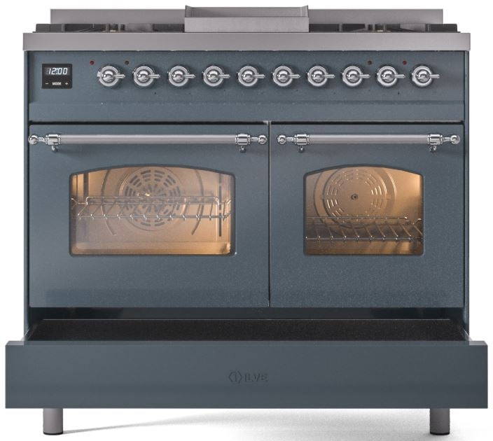 ILVE Nostalgie II 40" Dual Fuel Propane Gas Range in Blue Grey with Chrome Trim, UPD40FNMPBGCLP