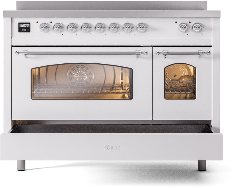 ILVE Nostalgie II 48" Induction Range with Element Stove and Electric Oven in White with Chrome Trim, UPI486NMPWHC