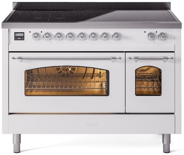 ILVE Nostalgie II 48" Induction Range with Element Stove and Electric Oven in White with Chrome Trim, UPI486NMPWHC