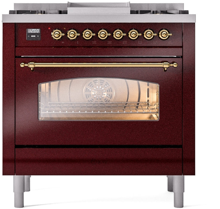 ILVE Nostalgie II 36" Dual Fuel Natural Gas Range in Burgundy with Brass Trim, UP36FNMPBUG