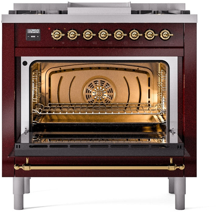 ILVE Nostalgie II 36" Dual Fuel Natural Gas Range in Burgundy with Brass Trim, UP36FNMPBUG