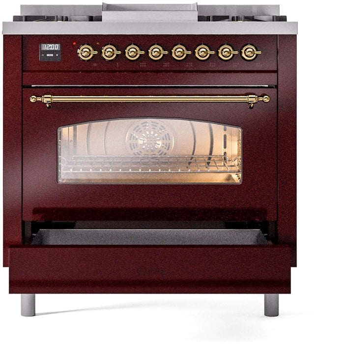 ILVE Nostalgie II 36" Dual Fuel Natural Gas Range in Burgundy with Brass Trim, UP36FNMPBUG