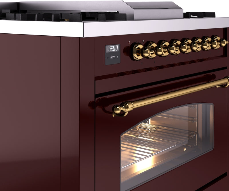 ILVE Nostalgie II 36" Dual Fuel Natural Gas Range in Burgundy with Brass Trim, UP36FNMPBUG