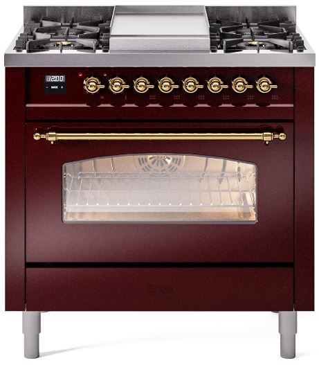 ILVE Nostalgie II 36" Dual Fuel Natural Gas Range in Burgundy with Brass Trim, UP36FNMPBUG