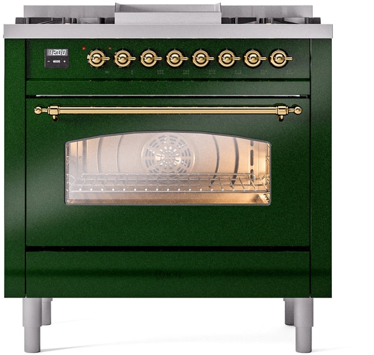 ILVE Nostalgie II 36" Dual Fuel Propane Gas Range in Emerald Green with Brass Trim, UP36FNMPEGGLP