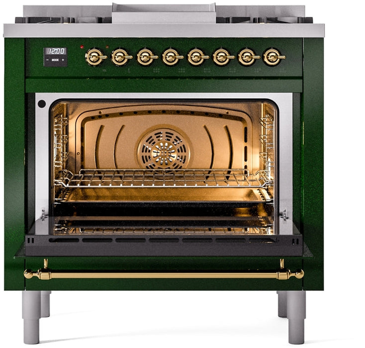 ILVE Nostalgie II 36" Dual Fuel Propane Gas Range in Emerald Green with Brass Trim, UP36FNMPEGGLP