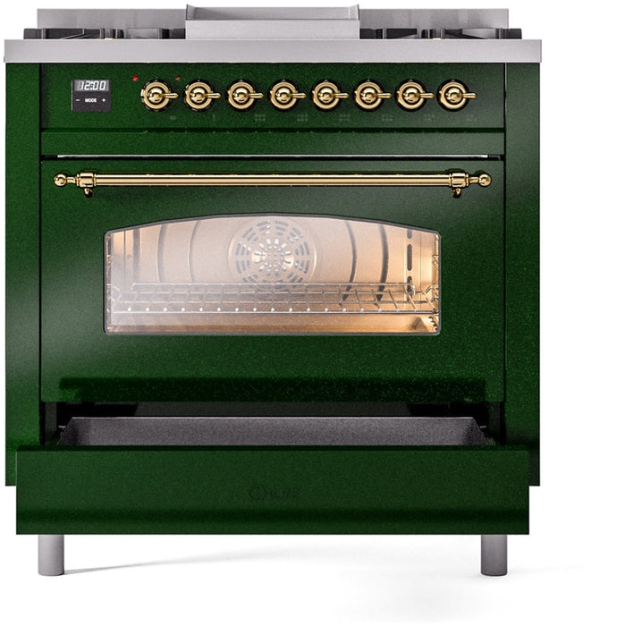 ILVE Nostalgie II 36" Dual Fuel Propane Gas Range in Emerald Green with Brass Trim, UP36FNMPEGGLP