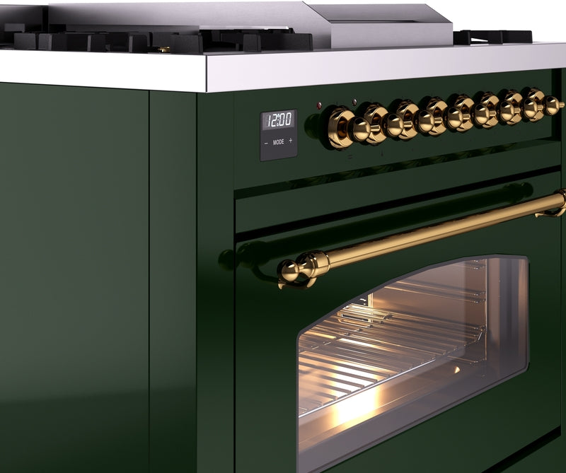 ILVE Nostalgie II 36" Dual Fuel Propane Gas Range in Emerald Green with Brass Trim, UP36FNMPEGGLP