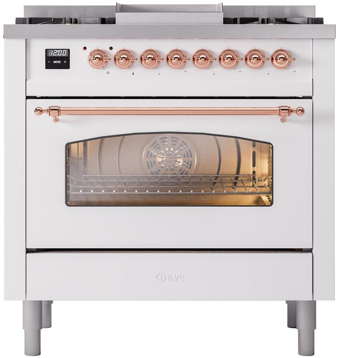 ILVE Nostalgie II 36" Dual Fuel Natural Gas Range in White with Copper Trim, UP36FNMPWHP