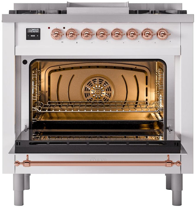 ILVE Nostalgie II 36" Dual Fuel Natural Gas Range in White with Copper Trim, UP36FNMPWHP