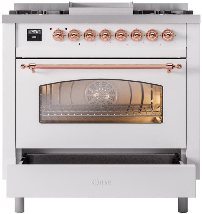 ILVE Nostalgie II 36" Dual Fuel Natural Gas Range in White with Copper Trim, UP36FNMPWHP