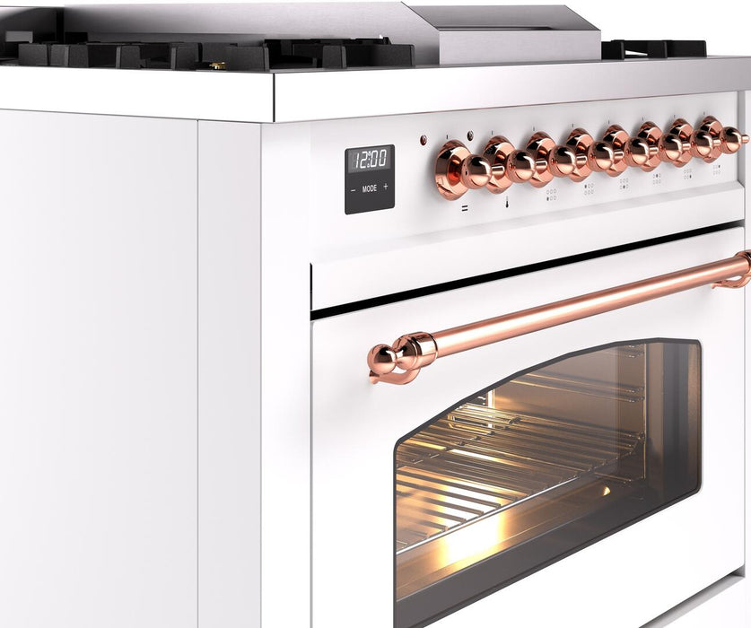 ILVE Nostalgie II 36" Dual Fuel Natural Gas Range in White with Copper Trim, UP36FNMPWHP