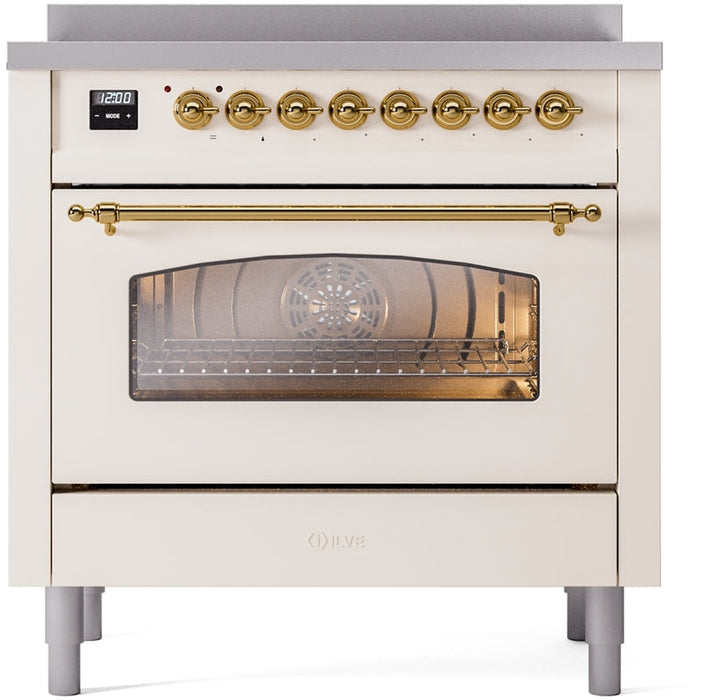 ILVE Nostalgie II 36" Induction Range with Element Stove and Electric Oven in Antique White with Brass Trim, UPI366NMPAWG