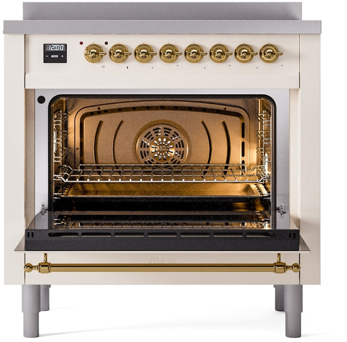 ILVE Nostalgie II 36" Induction Range with Element Stove and Electric Oven in Antique White with Brass Trim, UPI366NMPAWG