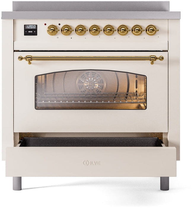 ILVE Nostalgie II 36" Induction Range with Element Stove and Electric Oven in Antique White with Brass Trim, UPI366NMPAWG