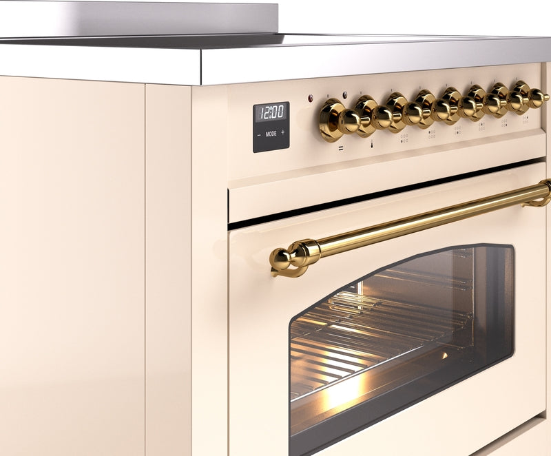 ILVE Nostalgie II 36" Induction Range with Element Stove and Electric Oven in Antique White with Brass Trim, UPI366NMPAWG