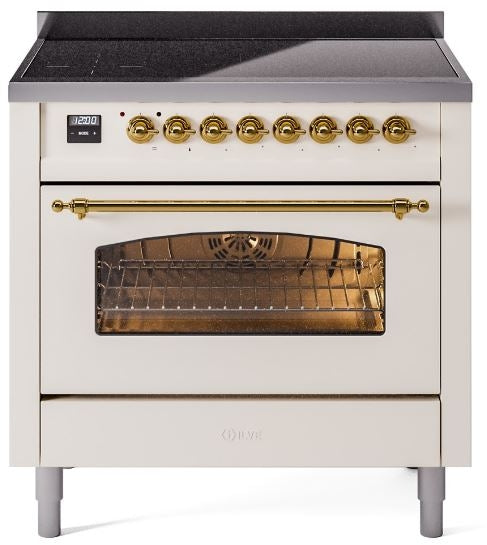 ILVE Nostalgie II 36" Induction Range with Element Stove and Electric Oven in Antique White with Brass Trim, UPI366NMPAWG