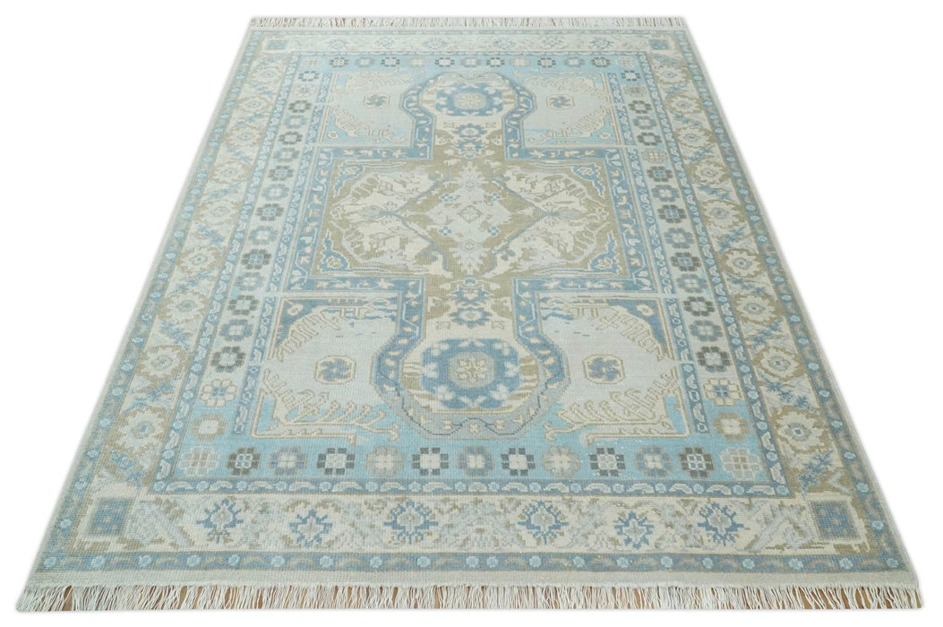 8x10 Hand Knotted Traditional Turkish Blue And Beige Low Pile Area Rug