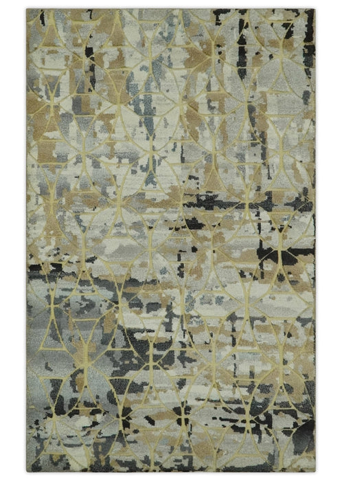 Carved Texture Abstract Ivory, Gray, Camel, Charcoal and Gold Hand Knotted 5x8 wool Rug
