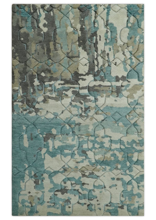 Carved Texture Ivory, Blue, Olive and Charcoal Modern Abstract 5x8 Hand Knotted wool Area Rug