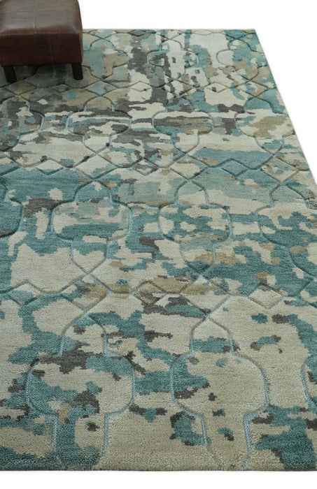 Carved Texture Ivory, Blue, Olive and Charcoal Modern Abstract 5x8 Hand Knotted wool Area Rug