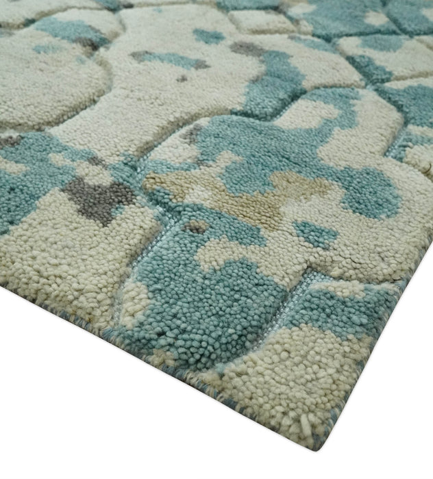 Carved Texture Ivory, Blue, Olive and Charcoal Modern Abstract 5x8 Hand Knotted wool Area Rug