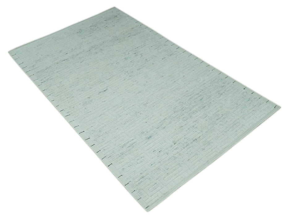 Carved Texture Modern Geometrical Bricks Design Ivory and Light Blue Hand Knotted 5x8 wool Area Rug