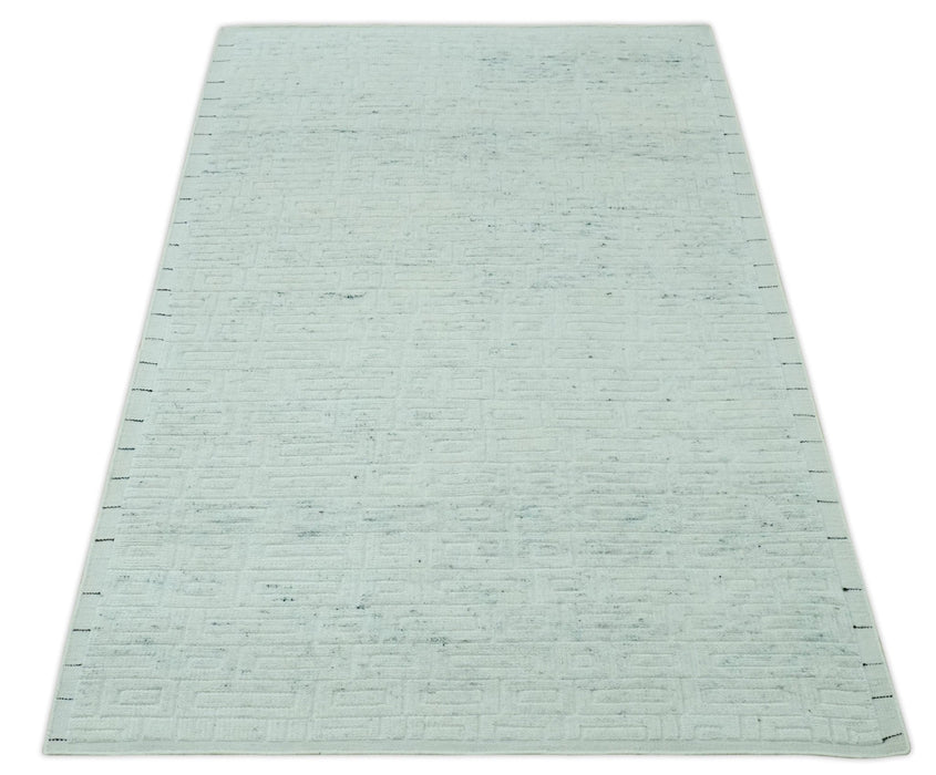 Carved Texture Modern Geometrical Bricks Design Ivory and Light Blue Hand Knotted 5x8 wool Area Rug