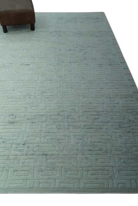 Carved Texture Modern Geometrical Bricks Design Ivory and Light Blue Hand Knotted 5x8 wool Area Rug