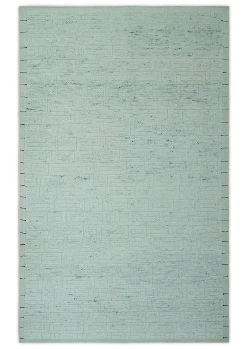 Carved Texture Modern Geometrical Bricks Design Ivory and Light Blue Hand Knotted 5x8 wool Area Rug