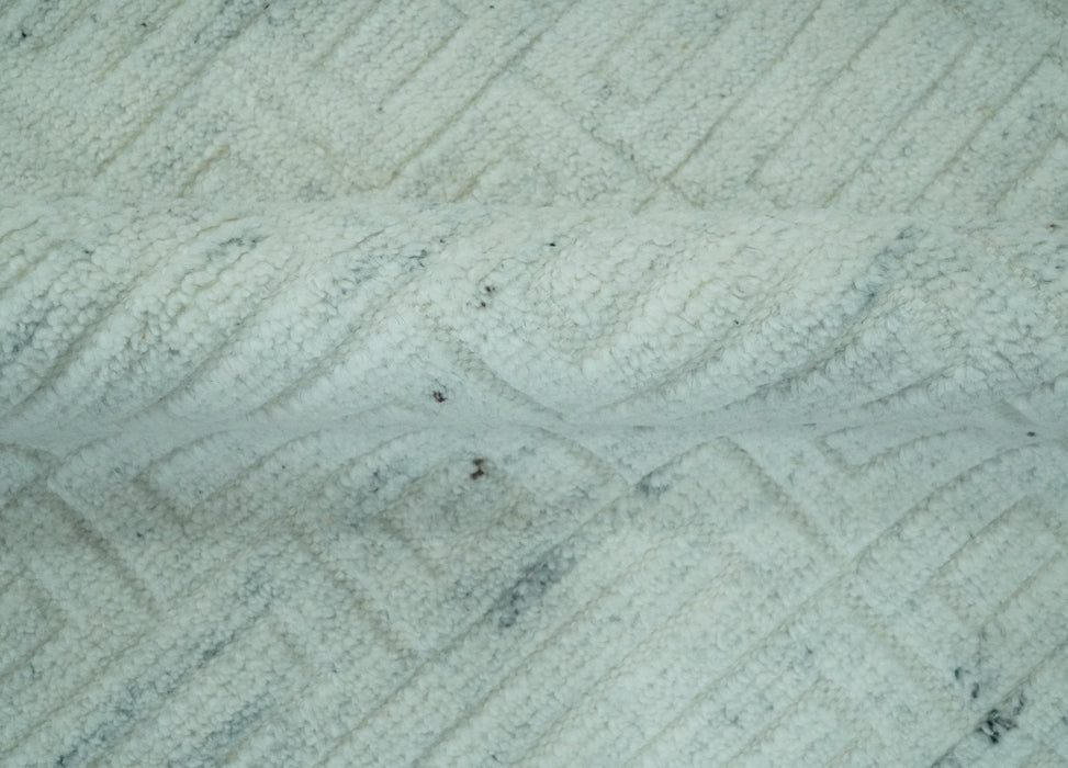 Carved Texture Modern Geometrical Bricks Design Ivory and Light Blue Hand Knotted 5x8 wool Area Rug
