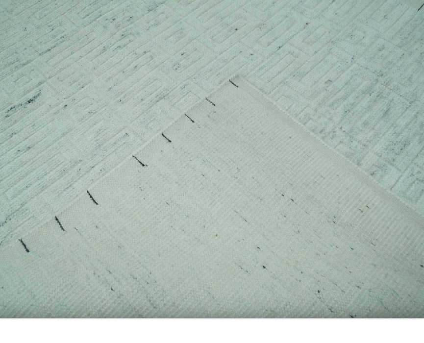Carved Texture Modern Geometrical Bricks Design Ivory and Light Blue Hand Knotted 5x8 wool Area Rug
