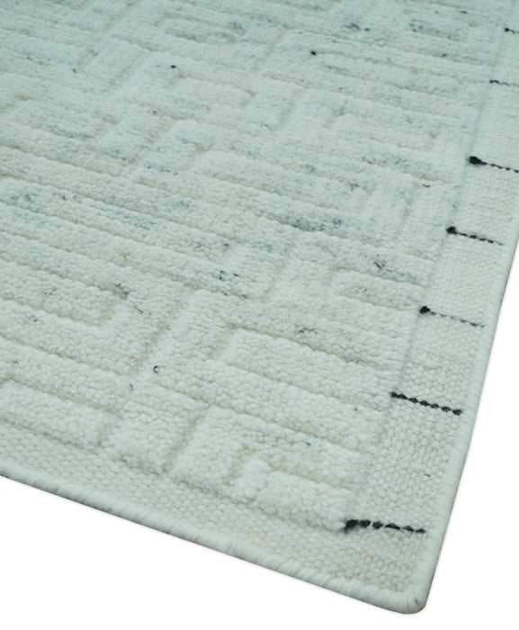 Carved Texture Modern Geometrical Bricks Design Ivory and Light Blue Hand Knotted 5x8 wool Area Rug