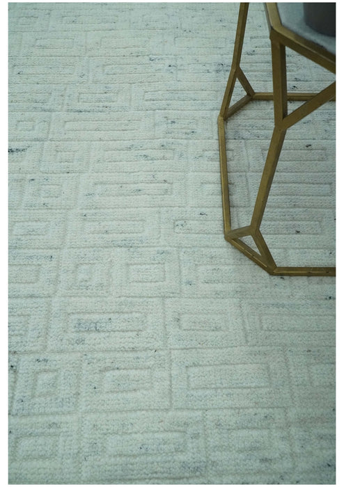 Carved Texture Modern Geometrical Design  Custom Made  Ivory and Light Blue Wool Area Rug