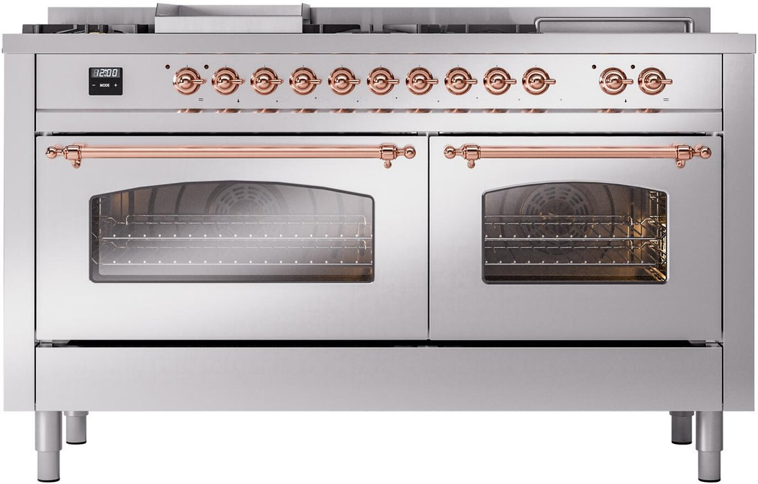 ILVE Nostalgie II 60" Dual Fuel Natural Gas Range in Stainless Steel with Copper Trim, UP60FSNMPSSP